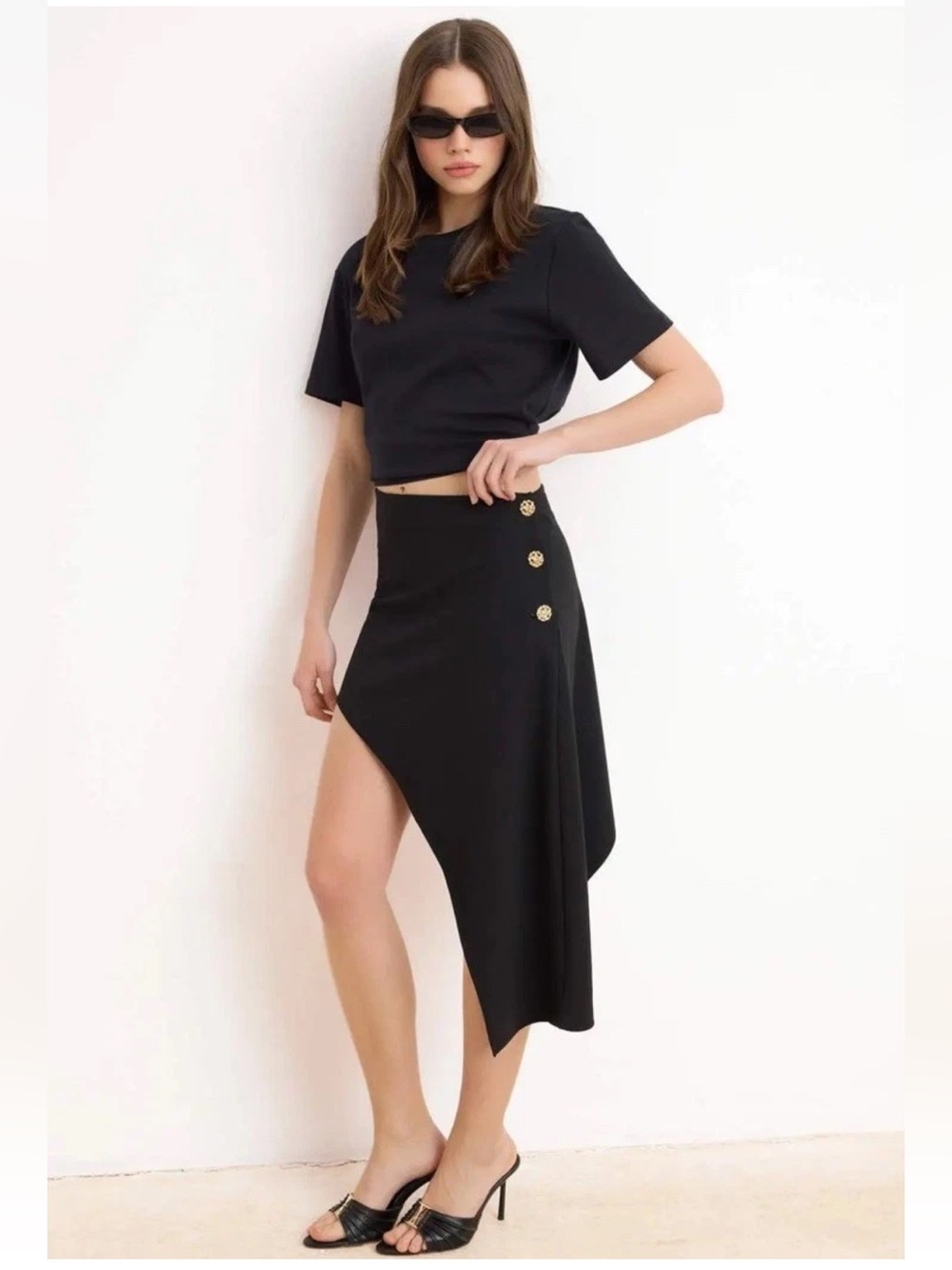 ZARA NWT Asymmetrical Black Mini Midi Skirt Side Button Avant-Garde Size L